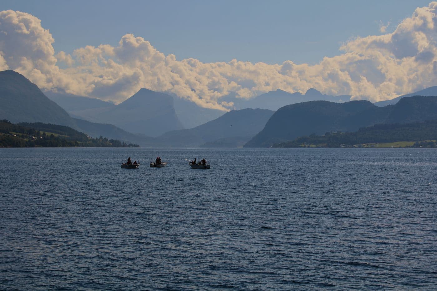 Små turbåtar utspridda över en fjord mellan bergsryggar